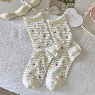 夏季薄款網眼襪 木耳邊波點愛心中筒襪 透氣荷葉邊襪子  505