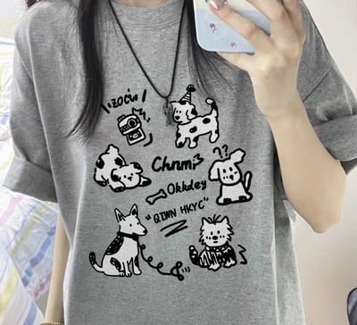 灰色寬鬆短袖T恤 中長款小眾美式上衣   7061