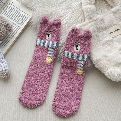 (厚襪) 刺繡圍巾小熊襪 珊瑚絨地板襪 睡眠加厚襪 n10910