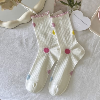 夏季薄款網眼襪 木耳邊波點愛心中筒襪 透氣荷葉邊襪子  506