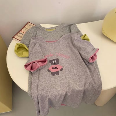 春夏刺繡粉衣熊 撞色內裏 短袖T恤 韓系日系 純棉透氣 寬鬆顯瘦 正韓感 萌系插畫 ins百搭 n600103