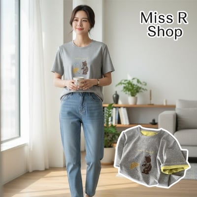 春夏可愛小熊撐傘 撞色內裏 短袖T恤 韓系日系 純棉透氣 寬鬆顯瘦 正韓感 萌系插畫 ins百搭 n600121