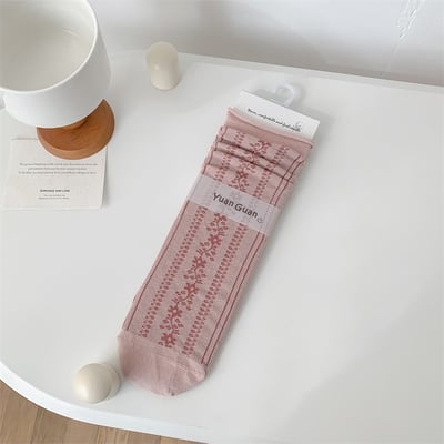 小眾文藝復古碎花中筒襪 薄款透氣卷邊花藤堆堆襪   n1158