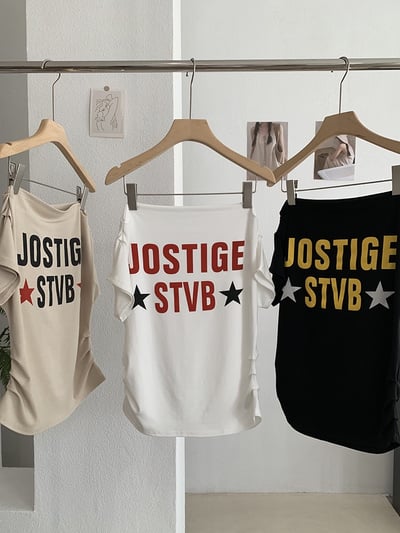 MISSRSHOP 韓系一字領露肩 字母印花 修身顯瘦上衣 百搭露肩上衣 女生短T n2650224