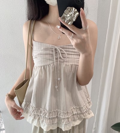復古條紋吊帶背心 女生蕾絲荷葉邊上衣 抽繩細肩帶背心 森系文藝風 顯瘦甜美 夏季穿搭 n26500411