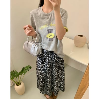 春夏刺繡粉衣熊 撞色內裏 短袖T恤 韓系日系 純棉透氣 寬鬆顯瘦 正韓感 萌系插畫 ins百搭 n6001010