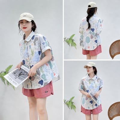 日系短袖襯衫 女 印花襯衫 寬鬆顯瘦 輕薄透氣 夏季百搭文藝上衣 n600723