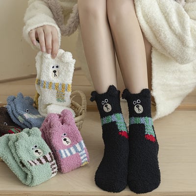 (厚襪) 刺繡圍巾小熊襪 珊瑚絨地板襪 睡眠加厚襪 n1092