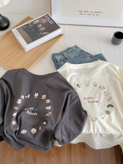 夏季日系小狗印花短袖T恤 純棉寬鬆圓領百搭 前後圖案 可愛 休閒 時尚 潮流 女上衣 n600033