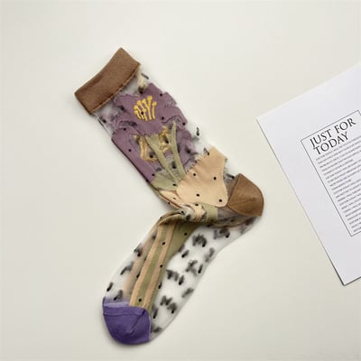 玻璃絲拼接花朵中筒襪 345