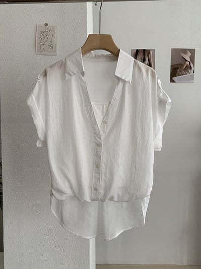 MISSRSHOP 韓系翻領假兩件短袖襯衫 女寬鬆顯瘦拼接上衣 百搭氣質襯衫 韓系休閒短袖上衣 n26502312