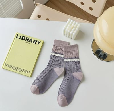 紫色系中筒襪日系拼色條紋 228