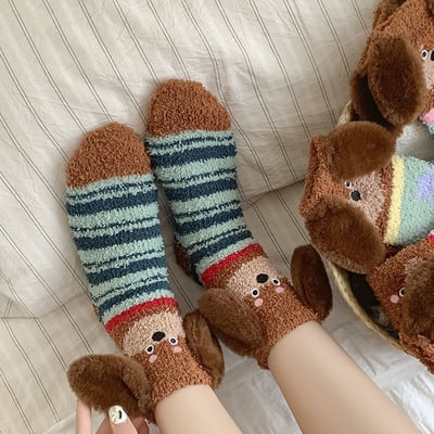 (厚襪) 可愛臘腸狗 毛茸茸加厚睡眠襪 居家地板襪 n1103