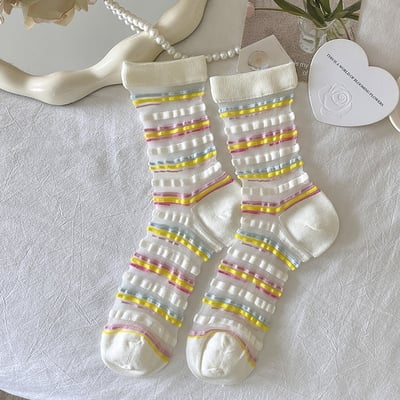 夏季薄款網眼襪 木耳邊波點愛心中筒襪 透氣荷葉邊襪子  507