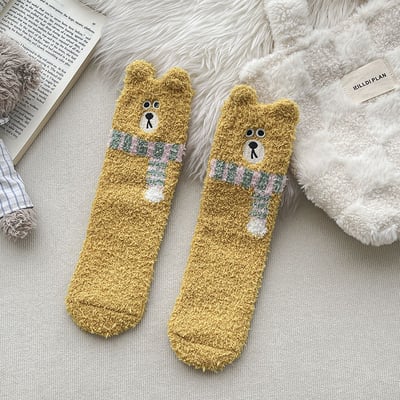 (厚襪) 刺繡圍巾小熊襪 珊瑚絨地板襪 睡眠加厚襪 n1099