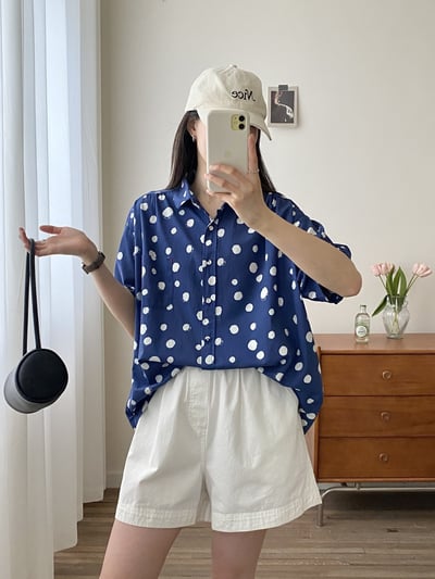 韓系日系休閒點點短袖襯衫  氣質通勤 寬鬆顯瘦百搭開衫 上衣 棉質翻領短袖 翻領襯衫 n6007111