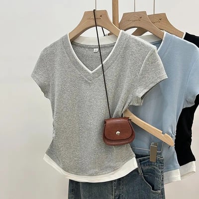 v領假兩件短袖抽褶收腰T恤 7442
