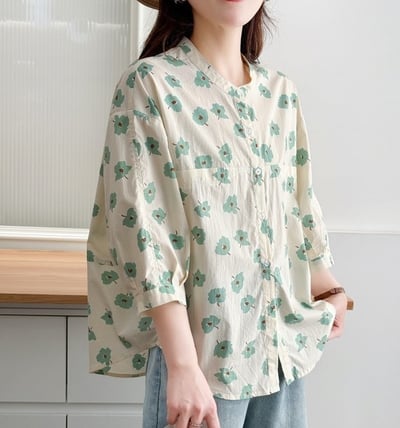 日系碎花襯衫 寬鬆顯瘦 棉麻感上衣 小清新文藝風 七分袖襯衣 春夏薄款開衫外套 森系 n600755