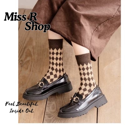 (厚襪)羊毛襪英倫學院風 中筒襪秋冬加厚菱格子襪  n1081