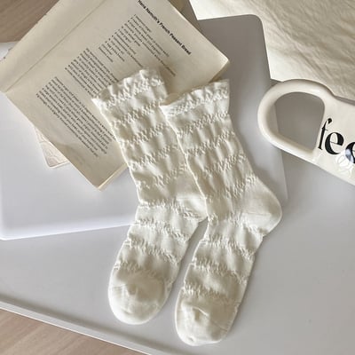 純色無骨褶皺 法式百搭中筒襪 網眼薄韓系蛋糕襪   n1169