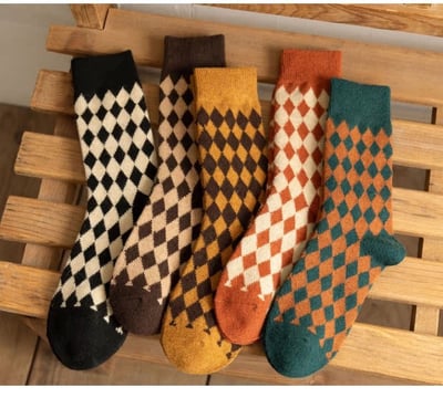 (厚襪)羊毛襪英倫學院風 中筒襪秋冬加厚菱格子襪  n1082