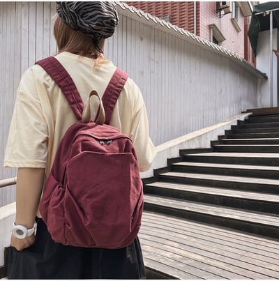 日系水洗帆布雙肩包 純色簡約慵懶風小背包 6032