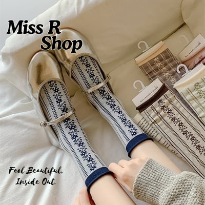 小眾文藝復古碎花中筒襪 薄款透氣卷邊花藤堆堆襪   n1151