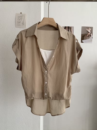 MISSRSHOP 韓系翻領假兩件短袖襯衫 女寬鬆顯瘦拼接上衣 百搭氣質襯衫 韓系休閒短袖上衣 n26502310