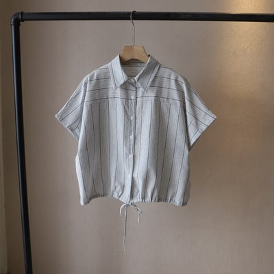 韓版POLO領復古條紋 休閒抽繩短袖襯衫 7023