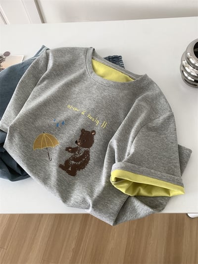 韓系復古小熊印花短袖T恤 女寬鬆圓領百搭 夏季新款 打底上衣 休閒 時尚 可愛 潮流 百搭 n600121