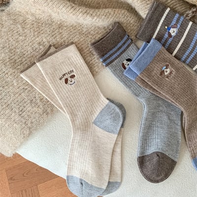 卡通刺繡可愛襪 日系咖色美拉德中筒襪   n1262