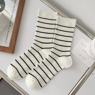 中筒襪 精梳棉 條紋撞色學院風 雙針女襪   566