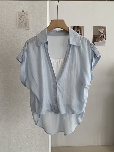 MISSRSHOP 韓系翻領假兩件短袖襯衫 女寬鬆顯瘦拼接上衣 百搭氣質襯衫 韓系休閒短袖上衣 n26502311