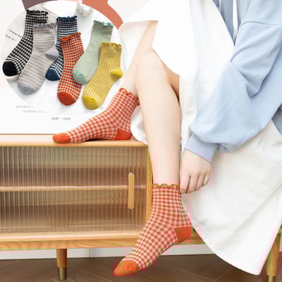 日系 方格子木耳邊 棉襪花邊森系學院風   021