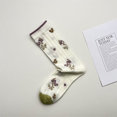 玻璃絲拼接花朵中筒襪 343