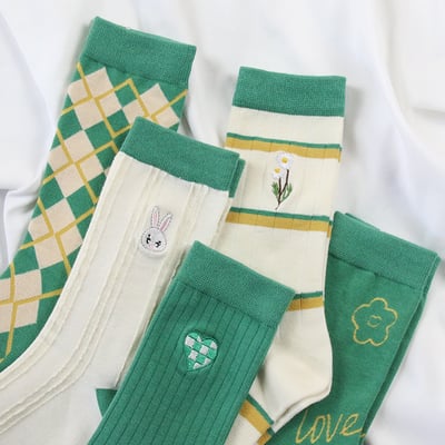 綠色系刺繡 中高筒女襪 ins潮襪運動百搭 242