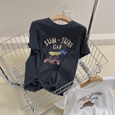 (春秋款)百搭汽車卡通 顯瘦灰色短袖T恤 7154