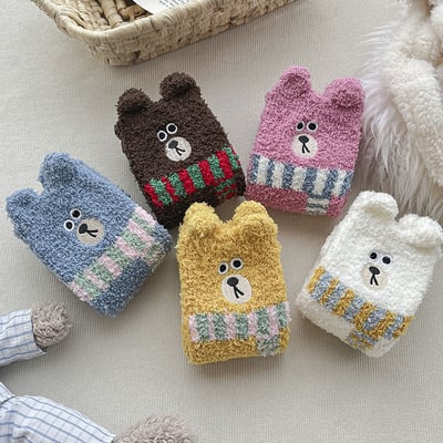 (厚襪) 刺繡圍巾小熊襪 珊瑚絨地板襪 睡眠加厚襪 n1094