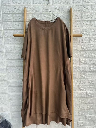 森系大地色連身裙 女 有口袋 復古寬鬆大尺碼 短袖洋裝 顯瘦遮肉 氣質百搭 簡約 休閒 中長裙  裙子 n600529