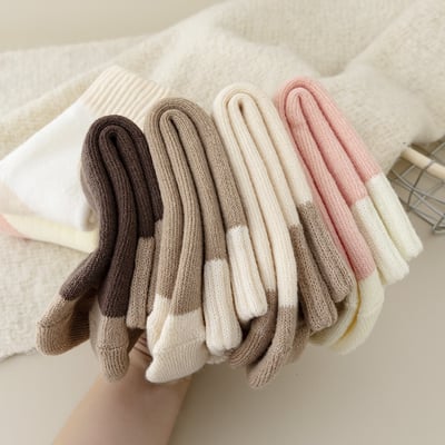 (冬襪) 加絨加厚保暖中筒襪 居家睡眠襪拼色襪  n1013