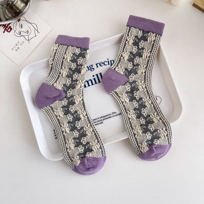 復古風襪子 中筒襪棉襪 立體彩花女襪    816