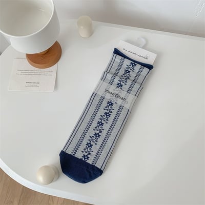 小眾文藝復古碎花中筒襪 薄款透氣卷邊花藤堆堆襪   n1157