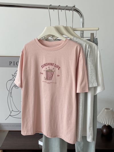 奶油杏色印花短袖T恤 女圓領寬鬆純棉 夏季薄款休閒上衣 韓版百搭 清新 氣質 時尚 潮流 n6000711