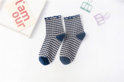 日系 方格子木耳邊 棉襪花邊森系學院風   029