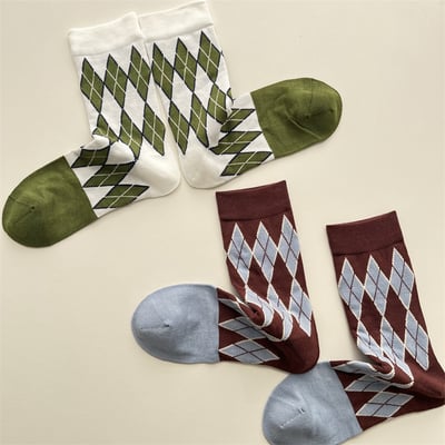 日系復古撞色菱形中筒襪   712