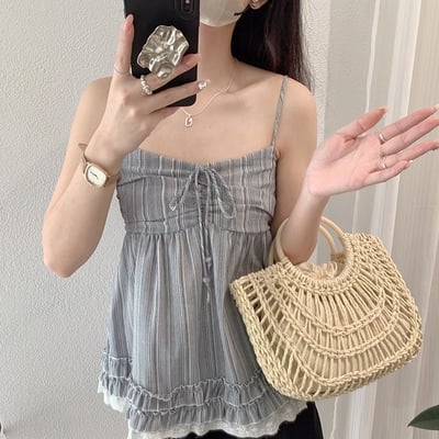 復古條紋吊帶背心 女生蕾絲荷葉邊上衣 抽繩細肩帶背心 森系文藝風 顯瘦甜美 夏季穿搭 n26500410