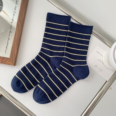 中筒襪 精梳棉 條紋撞色學院風 雙針女襪   5610