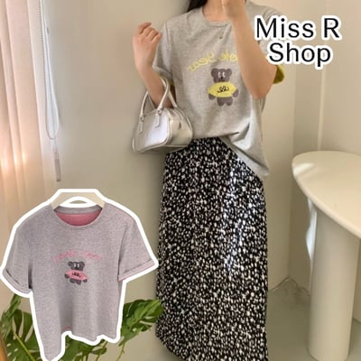 春夏刺繡粉衣熊 撞色內裏 短袖T恤 韓系日系 純棉透氣 寬鬆顯瘦 正韓感 萌系插畫 ins百搭 n600101