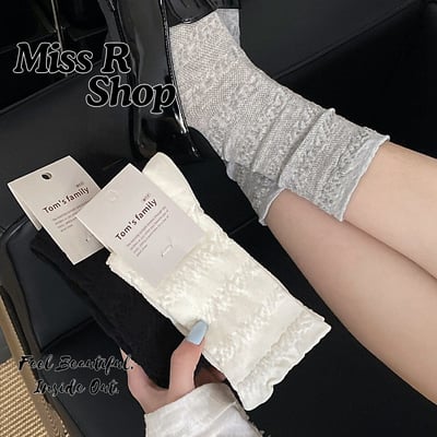 純色無骨褶皺 法式百搭中筒襪 網眼薄韓系蛋糕襪   n1161