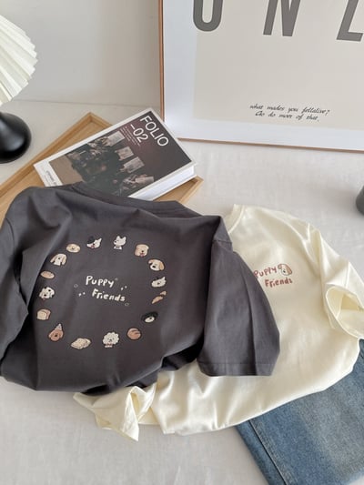 夏季日系小狗印花短袖T恤 純棉寬鬆圓領百搭 前後圖案 可愛 休閒 時尚 潮流 女上衣 n600032